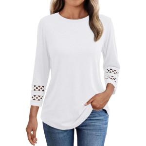 imageAUTOMET 34 Length Sleeve Womens Tops Crewneck Lace Tunic Business Casual Dressy Blouses Spring Trendy Outfits 2025White