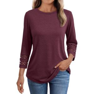 imageAUTOMET 34 Length Sleeve Womens Tops Crewneck Lace Tunic Business Casual Dressy Blouses Spring Trendy Outfits 2025Wine Red