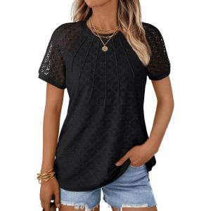 imageAUTOMET Short Sleeve Shirts for Women Eyelet Embroidery Summer Dressy Tops 2025 Trendy Lace Casual TShirts Work OutfitsBlack