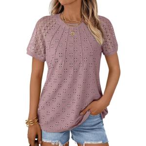 imageAUTOMET Short Sleeve Shirts for Women Eyelet Embroidery Summer Dressy Tops 2025 Trendy Lace Casual TShirts Work OutfitsDusty Rose