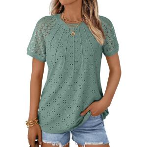 imageAUTOMET Short Sleeve Shirts for Women Eyelet Embroidery Summer Dressy Tops 2025 Trendy Lace Casual TShirts Work OutfitsSage
