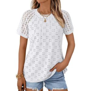 imageAUTOMET Short Sleeve Shirts for Women Eyelet Embroidery Summer Dressy Tops 2025 Trendy Lace Casual TShirts Work OutfitsWhite