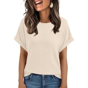 imageAUTOMET Womens Summer Tops Short Sleeve TShirts Business Casual Fashion Clothes 2025 Waffle Blouses Loose Fit OutfitsApricot