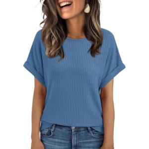 imageAUTOMET Womens Summer Tops Short Sleeve TShirts Business Casual Fashion Clothes 2025 Waffle Blouses Loose Fit OutfitsBlue