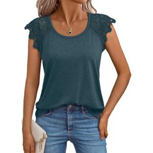 imageAUTOMET Womens Tops Casual Dressy Lace Summer Tee 2025 Cap Sleeve T Shirts Cute Basic Trendy Fashion Spring OutfitsDarkgreen