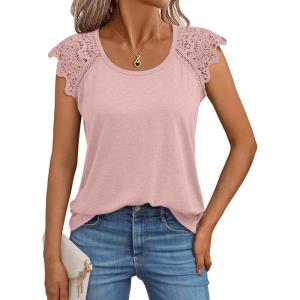 imageAUTOMET Womens Tops Casual Dressy Lace Summer Tee 2025 Cap Sleeve T Shirts Cute Basic Trendy Fashion Spring OutfitsPink