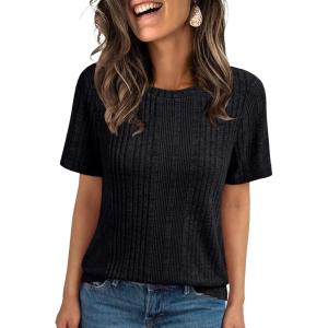 imageAUTOMET Short Sleeve Shirts for Women Summer Dressy Tops 2025 Trendy Crewneck Textured Top Casual TShirts Work OutfitsBlack