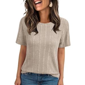 imageAUTOMET Short Sleeve Shirts for Women Summer Dressy Tops 2025 Trendy Crewneck Textured Top Casual TShirts Work OutfitsHeather Apricot
