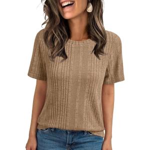 imageAUTOMET Short Sleeve Shirts for Women Summer Dressy Tops 2025 Trendy Crewneck Textured Top Casual TShirts Work OutfitsKhaki