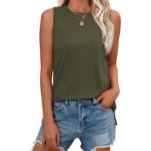 imageAUTOMET Tank Tops for Women Sleeveless Summer Tops 2025 Casual Basic Shirt Crewneck Loose Fit Blouses Side Split ShirtsArmy Green