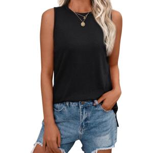 imageAUTOMET Tank Tops for Women Sleeveless Summer Tops 2025 Casual Basic Shirt Crewneck Loose Fit Blouses Side Split ShirtsBlack