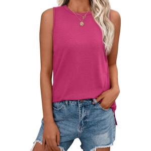 imageAUTOMET Tank Tops for Women Sleeveless Summer Tops 2025 Casual Basic Shirt Crewneck Loose Fit Blouses Side Split ShirtsHot Pink