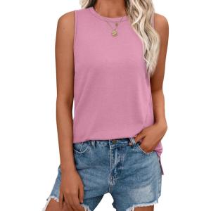 imageAUTOMET Tank Tops for Women Sleeveless Summer Tops 2025 Casual Basic Shirt Crewneck Loose Fit Blouses Side Split ShirtsPink