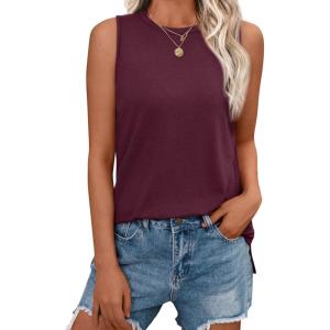 imageAUTOMET Tank Tops for Women Sleeveless Summer Tops 2025 Casual Basic Shirt Crewneck Loose Fit Blouses Side Split ShirtsWine Red