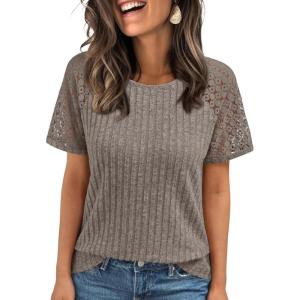 imageAUTOMET Womens Short Sleeve Sweater Crewneck Business Tops Dressy Casual Shirts Trendy Tunic Summer Clothes 2025Coffee