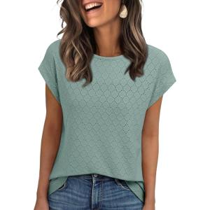 imageAUTOMET Womens Summer Tops 2025 Eyelet Embroidery Vacation Cap Sleeve Shirt Casual Loose Fit Fashion Tunic TeeGreen