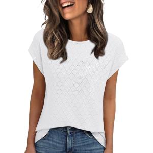 imageAUTOMET Womens Summer Tops 2025 Eyelet Embroidery Vacation Cap Sleeve Shirt Casual Loose Fit Fashion Tunic TeeWhite