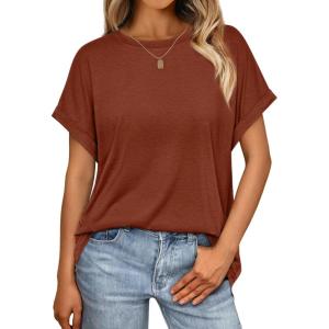 imageAUTOMET Womens Summer Tops Oversized Short Sleeve Business Casual T Shirts Trendy Fashion Clothes Spring Outfits 2025Brick Red