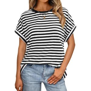 imageAUTOMET Womens Summer Tops Oversized Short Sleeve Business Casual T Shirts Trendy Fashion Clothes Spring Outfits 2025Stripedblackwhite