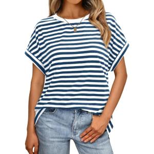 imageAUTOMET Womens Summer Tops Oversized Short Sleeve Business Casual T Shirts Trendy Fashion Clothes Spring Outfits 2025Stripedbluewhite