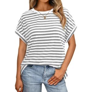 imageAUTOMET Womens Summer Tops Oversized Short Sleeve Business Casual T Shirts Trendy Fashion Clothes Spring Outfits 2025Stripedgreywhite