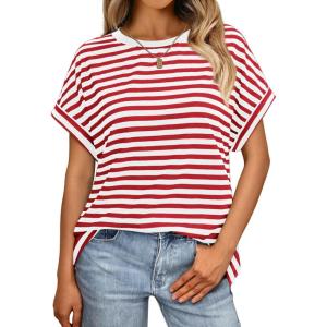 imageAUTOMET Womens Summer Tops Oversized Short Sleeve Business Casual T Shirts Trendy Fashion Clothes Spring Outfits 2025Stripedredwhite