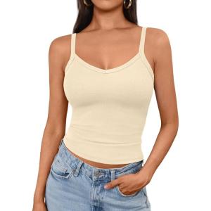 imageAUTOMET Crop Tank Top Woman Summer V Neck Tube Ribbed Tops Halter Sapghetti Strap Cami Racerback Tees LadiesApricot