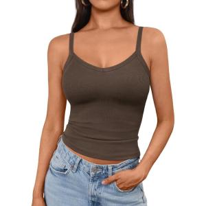 imageAUTOMET Crop Tank Top Woman Summer V Neck Tube Ribbed Tops Halter Sapghetti Strap Cami Racerback Tees LadiesBrown