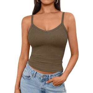imageAUTOMET Crop Tank Top Woman Summer V Neck Tube Ribbed Tops Halter Sapghetti Strap Cami Racerback Tees LadiesCoffeegrey