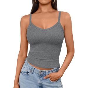 imageAUTOMET Crop Tank Top Woman Summer V Neck Tube Ribbed Tops Halter Sapghetti Strap Cami Racerback Tees LadiesDarkgrey