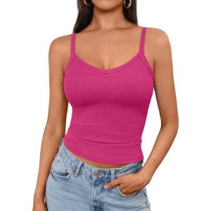 imageAUTOMET Crop Tank Top Woman Summer V Neck Tube Ribbed Tops Halter Sapghetti Strap Cami Racerback Tees LadiesHotpink