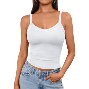 imageAUTOMET Crop Tank Top Woman Summer V Neck Tube Ribbed Tops Halter Sapghetti Strap Cami Racerback Tees LadiesWhite