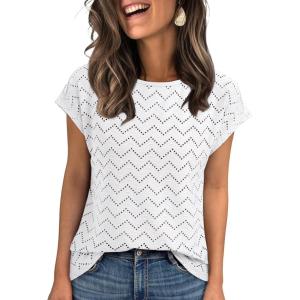 imageAUTOMET Women Casual Eyelet Embroidery Cap Sleeve Summer Tops Trendy TShirts Work Blouse 2025White