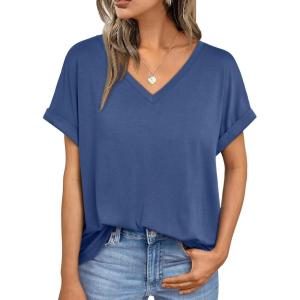 imageAUTOMET Womens Oversized V Neck Tshirts Casual Basic Short Sleeve Summer Tops Loose Fit 2025 Plain Tee ShirtsBlue