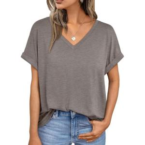 imageAUTOMET Womens Oversized V Neck Tshirts Casual Basic Short Sleeve Summer Tops Loose Fit 2025 Plain Tee ShirtsCoffeegrey