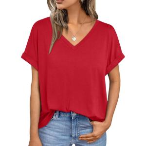 imageAUTOMET Womens Oversized V Neck Tshirts Casual Basic Short Sleeve Summer Tops Loose Fit 2025 Plain Tee ShirtsRed