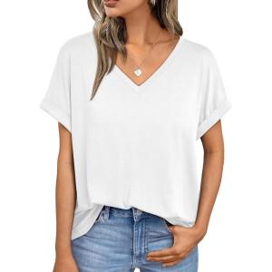 imageAUTOMET Womens Oversized V Neck Tshirts Casual Basic Short Sleeve Summer Tops Loose Fit 2025 Plain Tee ShirtsWhite