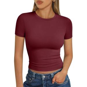imageAUTOMET Womens Short Sleeve T Shirts Basic Summer 2025 Workout Tops Crew Neck Gym Crop Tops Trendy Y2K ClothesBurgundy