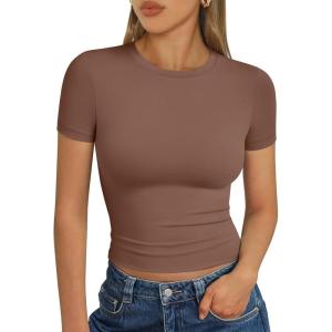 imageAUTOMET Womens Short Sleeve T Shirts Basic Summer 2025 Workout Tops Crew Neck Gym Crop Tops Trendy Y2K ClothesCoffee