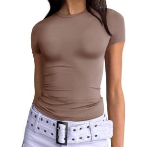 imageAUTOMET Womens Short Sleeve T Shirts Basic Summer 2025 Workout Tops Crew Neck Gym Crop Tops Trendy Y2K ClothesCoffee Grey