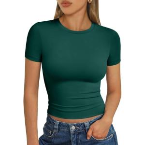 imageAUTOMET Womens Short Sleeve T Shirts Basic Summer 2025 Workout Tops Crew Neck Gym Crop Tops Trendy Y2K ClothesDark Green