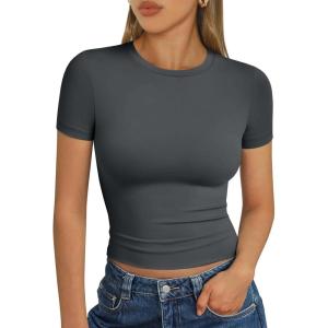 imageAUTOMET Womens Short Sleeve T Shirts Basic Summer 2025 Workout Tops Crew Neck Gym Crop Tops Trendy Y2K ClothesGray