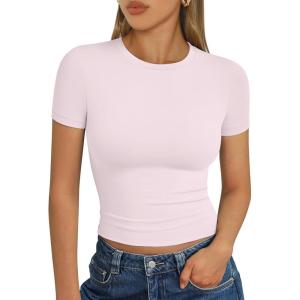 imageAUTOMET Womens Short Sleeve T Shirts Basic Summer 2025 Workout Tops Crew Neck Gym Crop Tops Trendy Y2K ClothesLight Pink