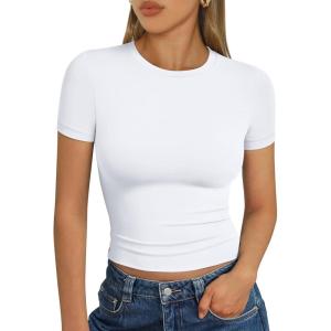 imageAUTOMET Womens Short Sleeve T Shirts Basic Summer 2025 Workout Tops Crew Neck Gym Crop Tops Trendy Y2K ClothesWhite