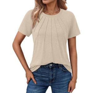 imageAUTOMET Womens Short Sleeve Shirts Business Casual Tops Summer Trendy Tshirts Dressy Tee Fashion Blouses Outfits 2025Apricot