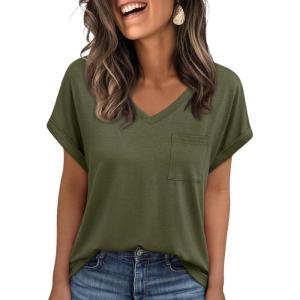imageAUTOMET Womens Tops Short Sleeve V Neck Shirts with Chest Pockets Loose Casual Basic Tees Summer Clothes Outfits 2025Armygreen