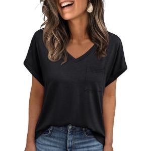 imageAUTOMET Womens Tops Short Sleeve V Neck Shirts with Chest Pockets Loose Casual Basic Tees Summer Clothes Outfits 2025Black