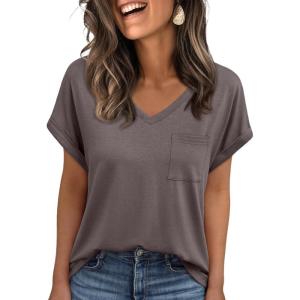 imageAUTOMET Womens Tops Short Sleeve V Neck Shirts with Chest Pockets Loose Casual Basic Tees Summer Clothes Outfits 2025Coffeegrey