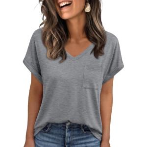 imageAUTOMET Womens Tops Short Sleeve V Neck Shirts with Chest Pockets Loose Casual Basic Tees Summer Clothes Outfits 2025Grey
