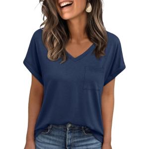 imageAUTOMET Womens Tops Short Sleeve V Neck Shirts with Chest Pockets Loose Casual Basic Tees Summer Clothes Outfits 2025Navy